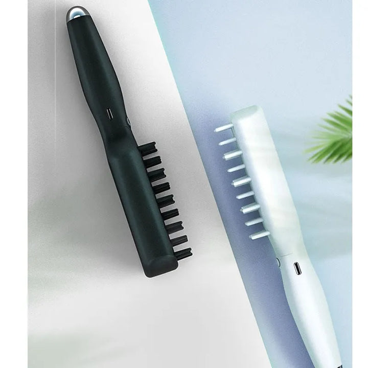 Cordless electric pet brush in use on a dog, demonstrating gentle pet massage and grooming