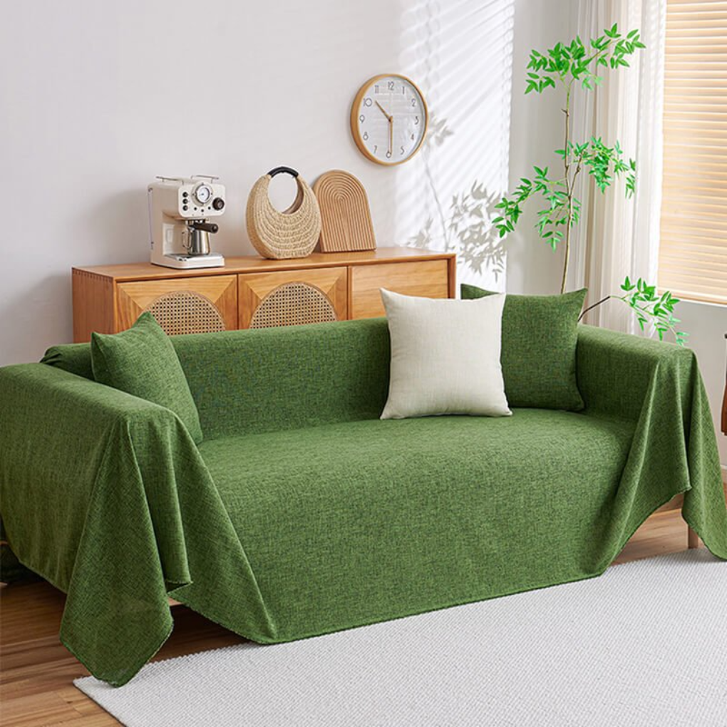 Close-up of textured cotton linen sectional sofa cover, ideal for L-shaped furniture & pet homes