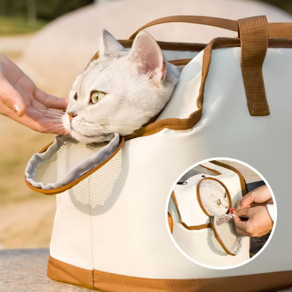 Stylish pet shoulder bag with pet peeking out, designed for comfortable and secure small pet transport