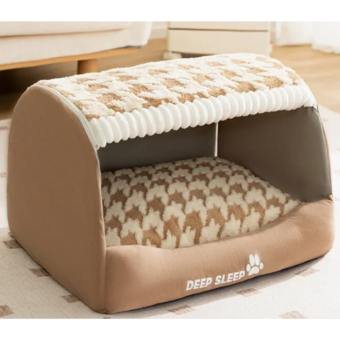 Cute pet dog house bed with a removable cushion, designed for ultimate pet comfort and warmth