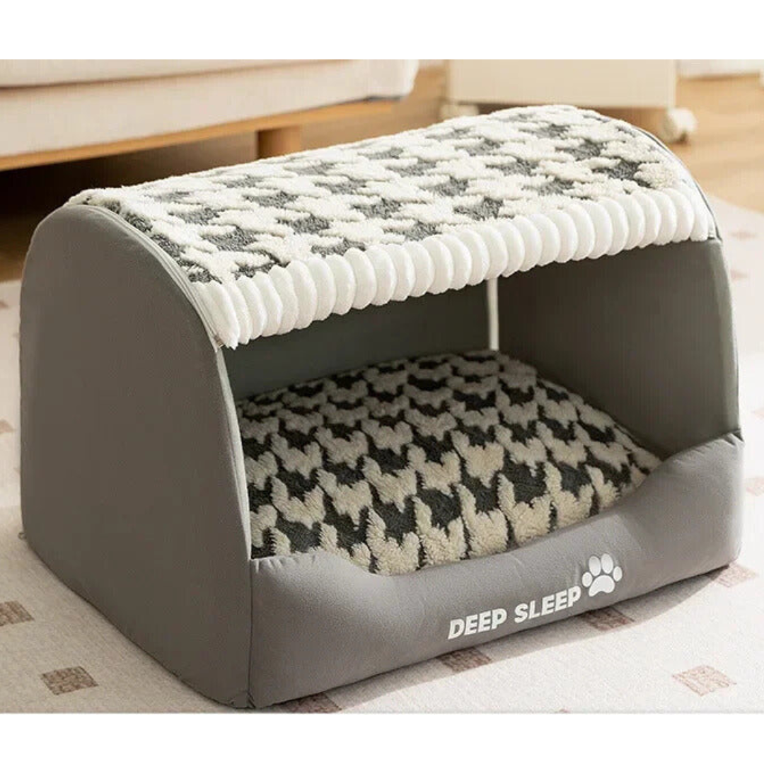 Washable enclosed dog bed in plush fabric, perfect pet furniture for a cozy and secure dog nap