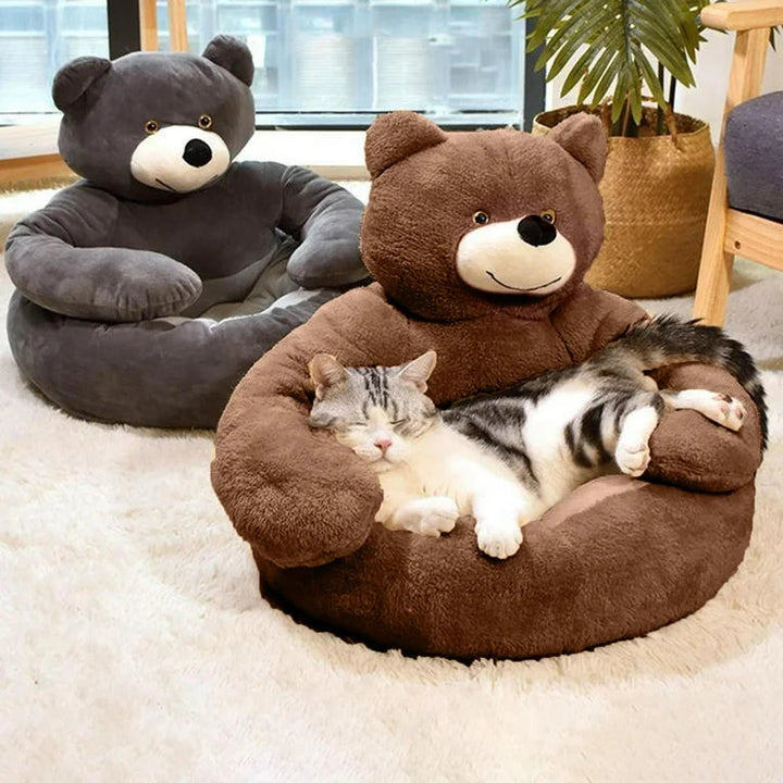 Teddy bear pet bed, cozy cushion for small pets, non-slip base for safety