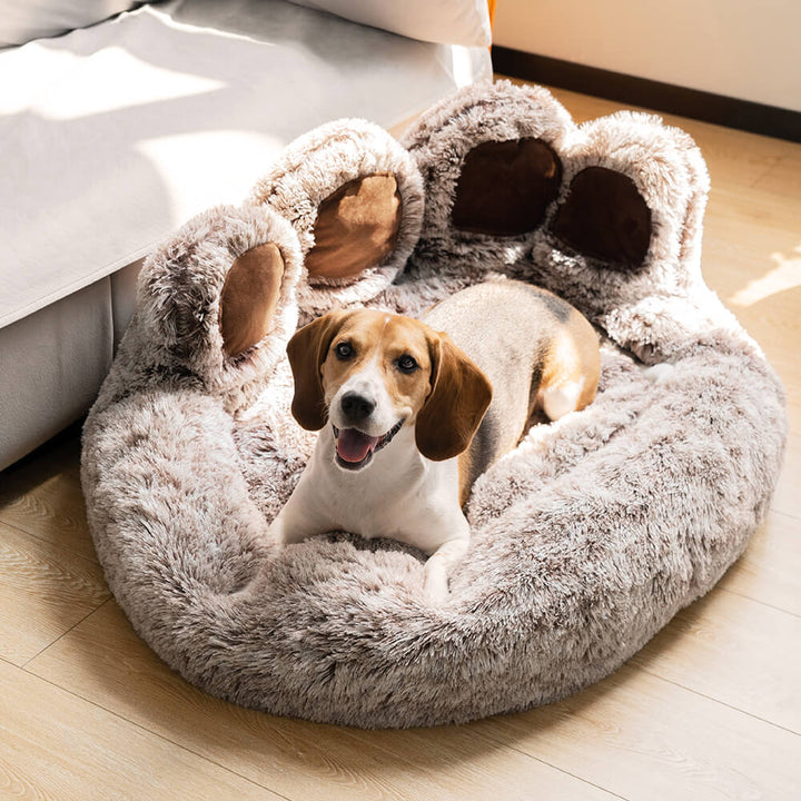 Unisex cozy round dog bed for anxiety relief, plush faux fur, and washable design.