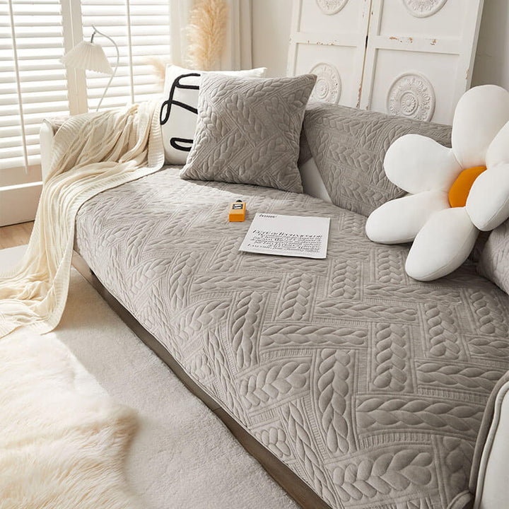Unisex crystal velvet couch cover with elegant wheat embroidery, non-slip sofa protector for furniture