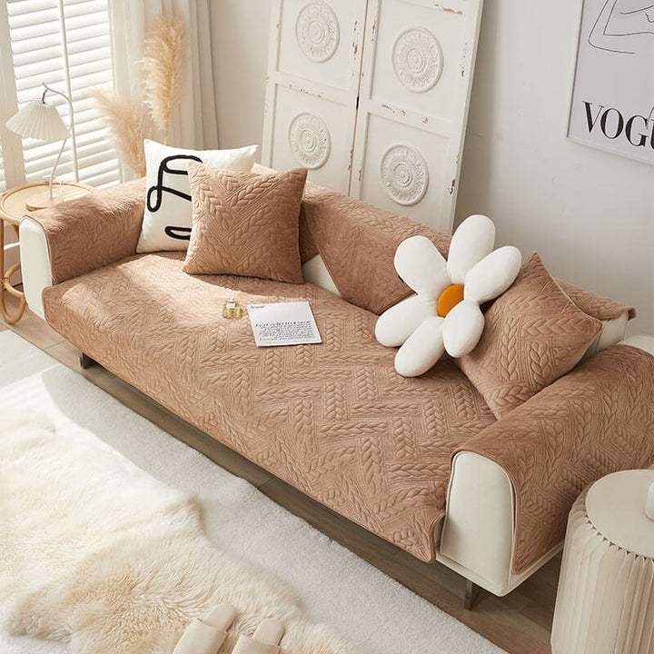 Wheat embroidered crystal velvet sofa protector, non-slip couch cover, perfect for any home