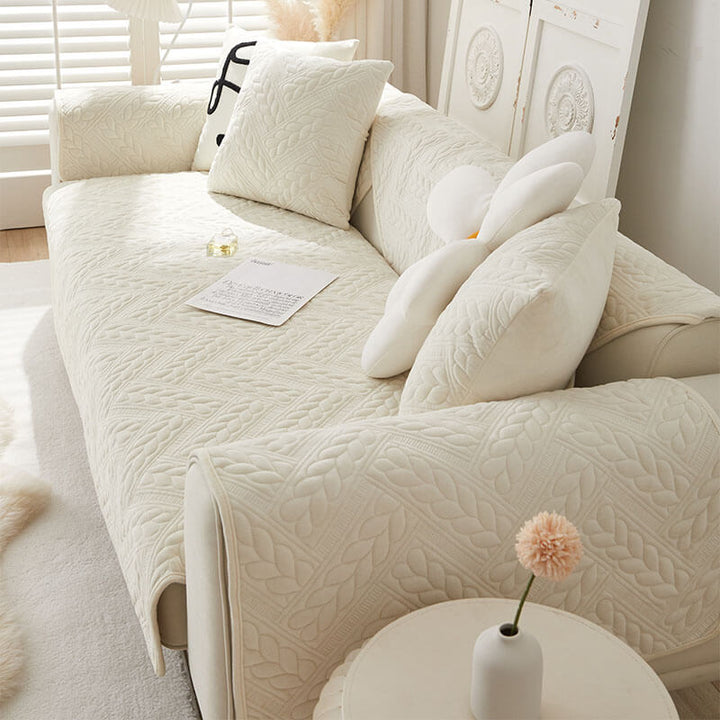 Unisex crystal velvet sofa protector with non-slip grip, intricate wheat embroidery