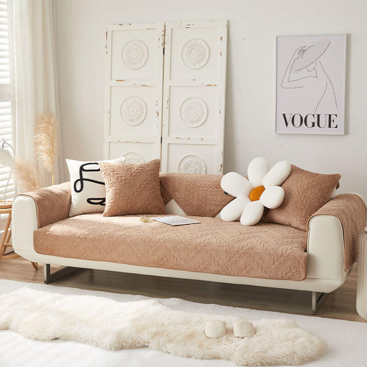 Soft touch crystal velvet couch cover, non-slip, with intricate wheat embroidery detail