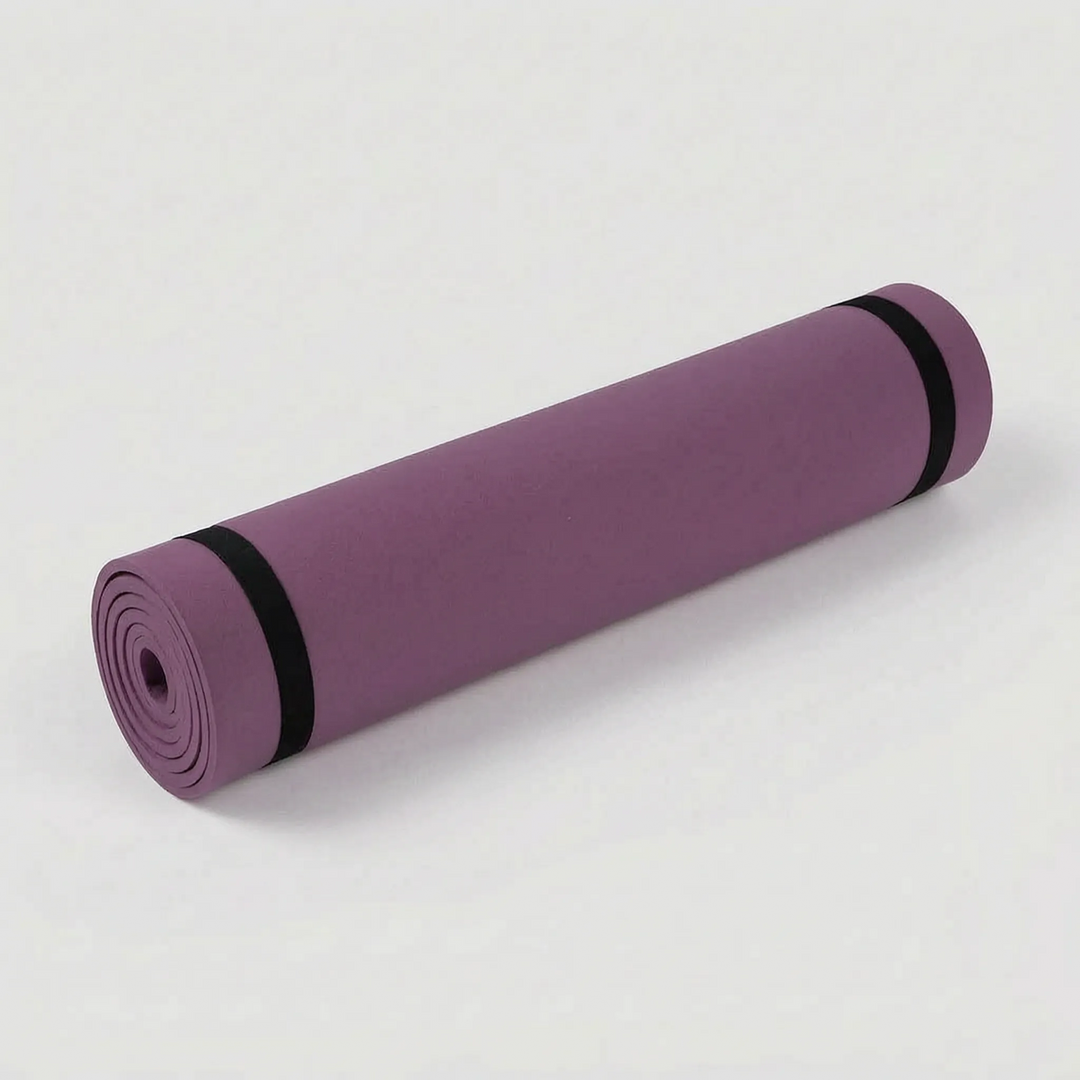 Rolled up portable cushioned exercise mat, easy to carry & store. Ideal non-slip fitness mat for home or gym.