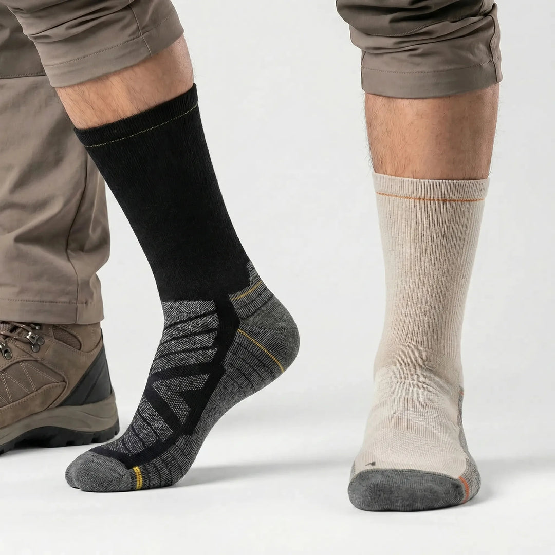 Unisex merino wool hiking socks. Cushioned mid-calf design, moisture-wicking & breathable for trails.