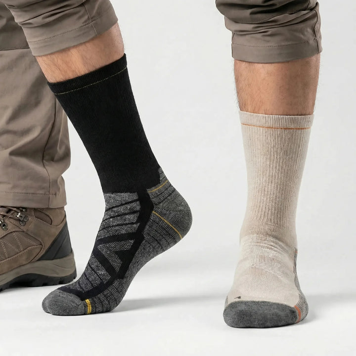 Unisex merino wool hiking socks. Cushioned mid-calf design, moisture-wicking & breathable for trails.