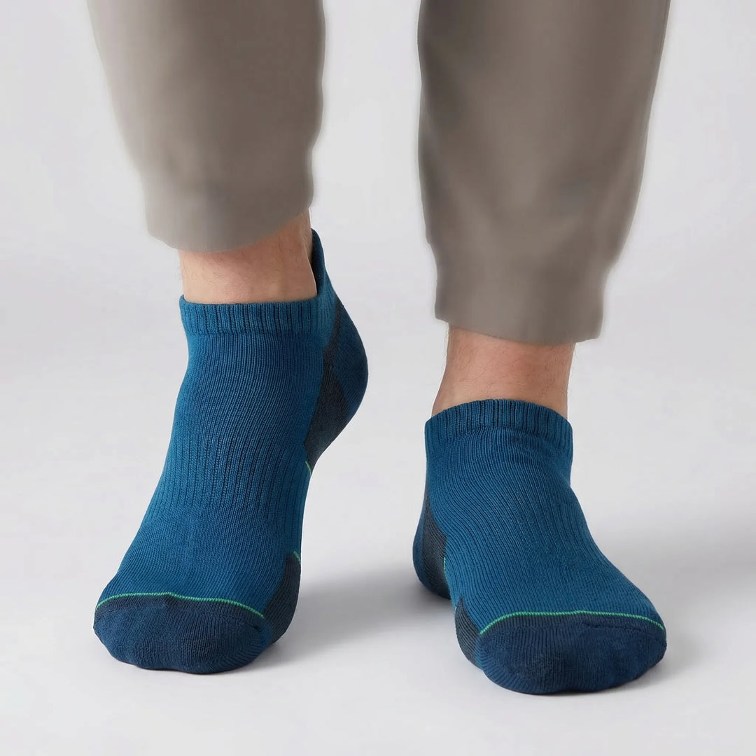 Merino wool cushioned hiking ankle socks, no-show design offers performance and blister protection.
