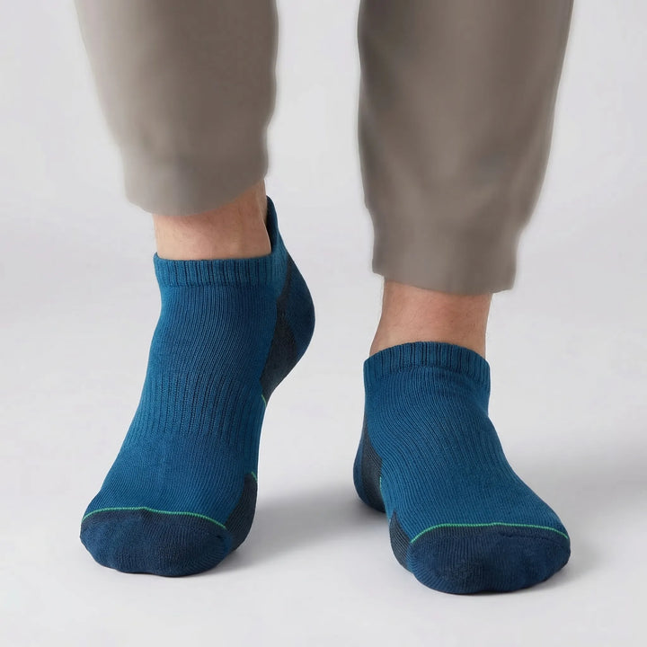 Merino wool cushioned hiking ankle socks, no-show design offers performance and blister protection.