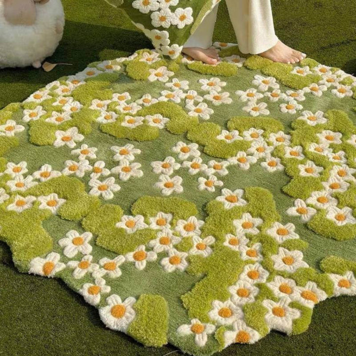 Handcrafted daisy mat, floral rug, pet comfort, charming home accent