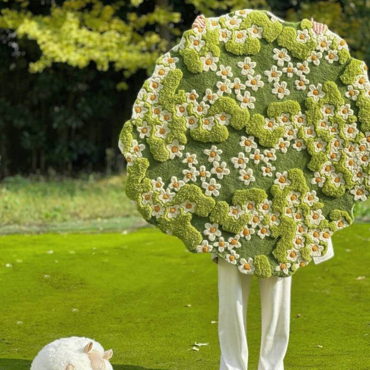 Round daisy pet rug, white and yellow petals, cozy animal home decor