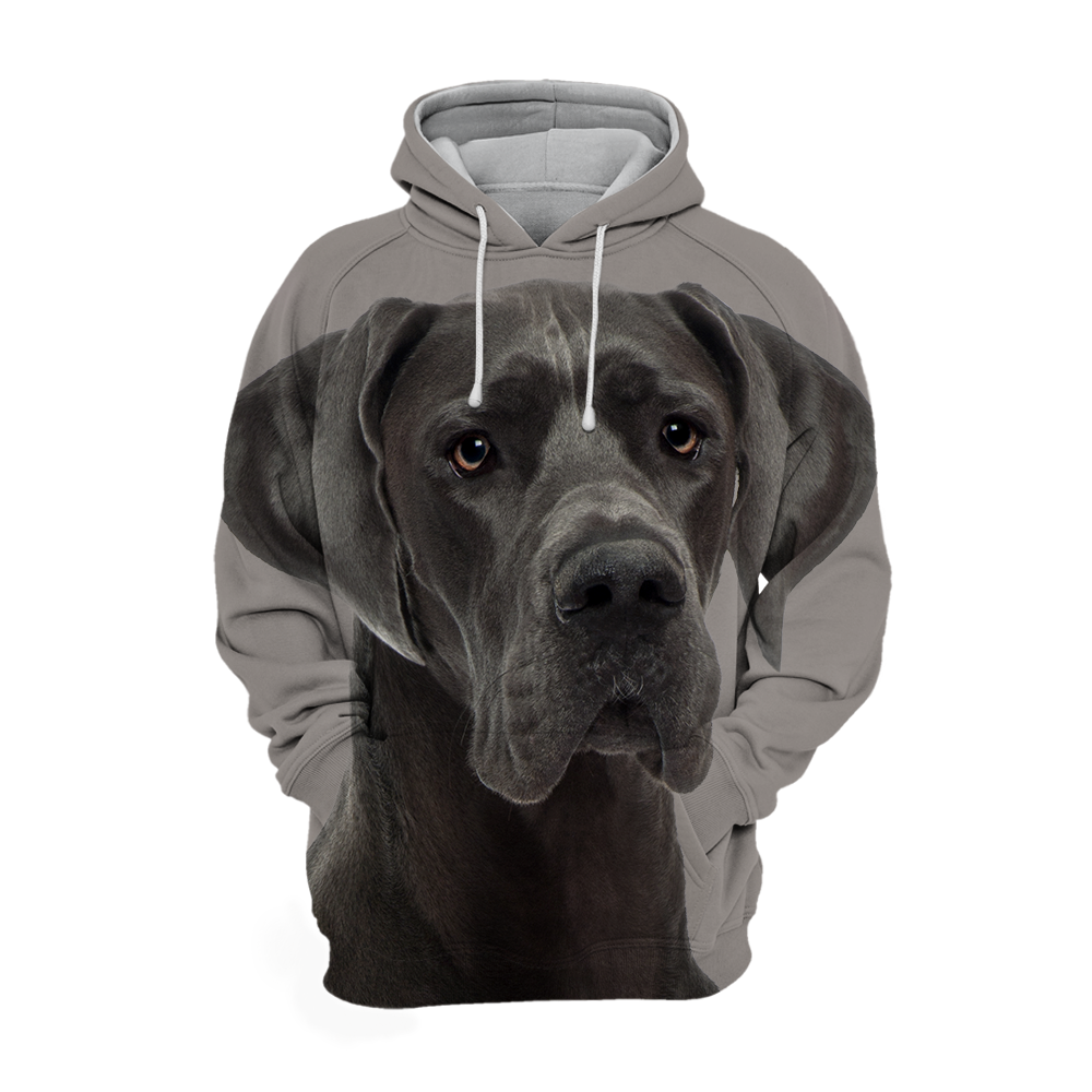 Unisex Danish Dog graphic hoodie, gray polyester-cotton blend, soft fabric, for pet lover gift, comfortable casual wear