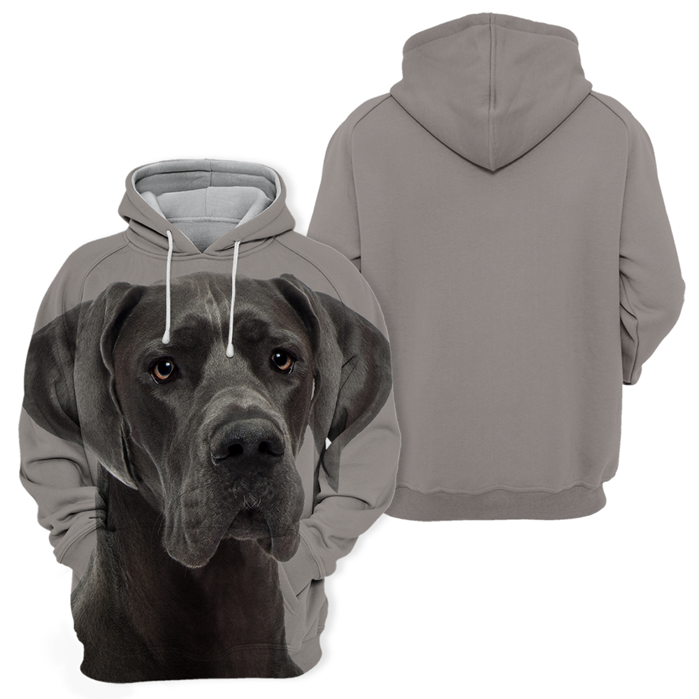 Close-up of Danish Dog animal print graphic on a unisex hoodie, soft polyester-cotton blend for comfortable wear