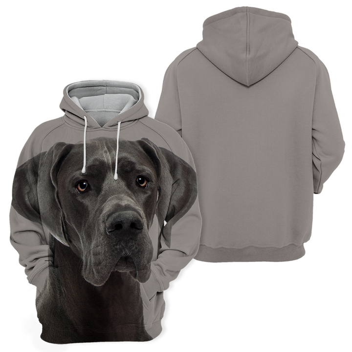 Close-up of Danish Dog animal print graphic on a unisex hoodie, soft polyester-cotton blend for comfortable wear