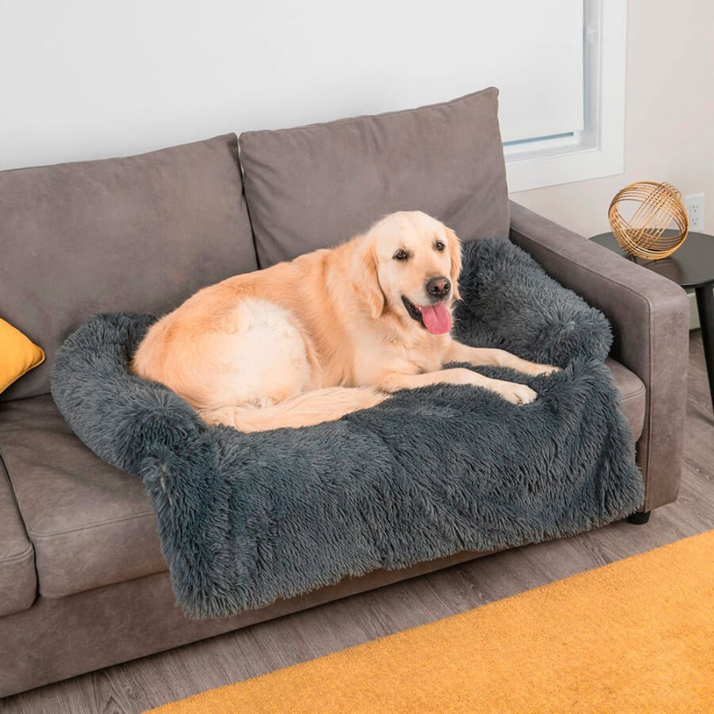 Unisex dark gray pet calming sofa bed for dogs, anti-anxiety faux fur washable dog bed