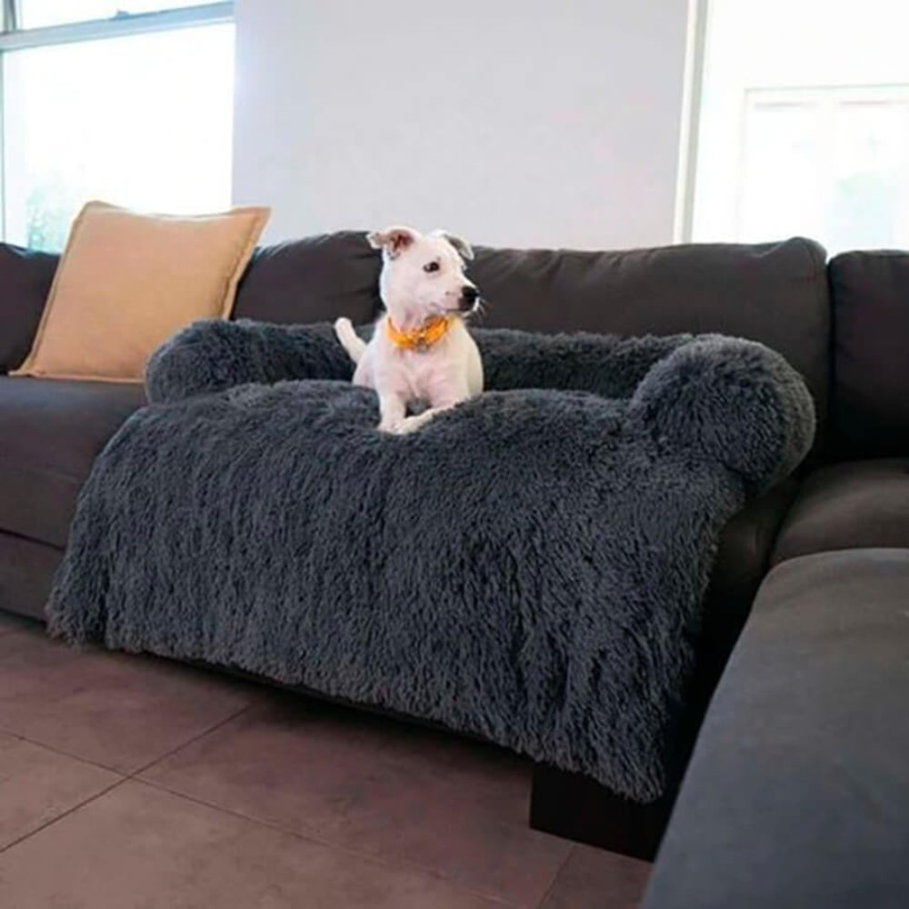 Light gray pet calming sofa bed for dogs with raised edges, washable anti-anxiety dog bed