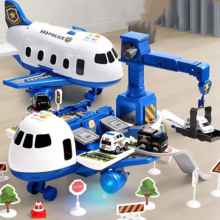 Unisex deformable toy airplane with storage & music, perfect for kids' aviation playset.
