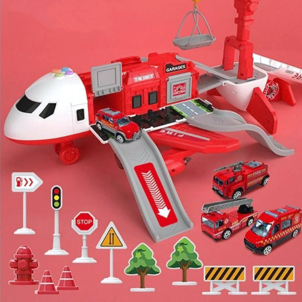 Transforming toy airplane showing its storage compartment and music features for engaging play.