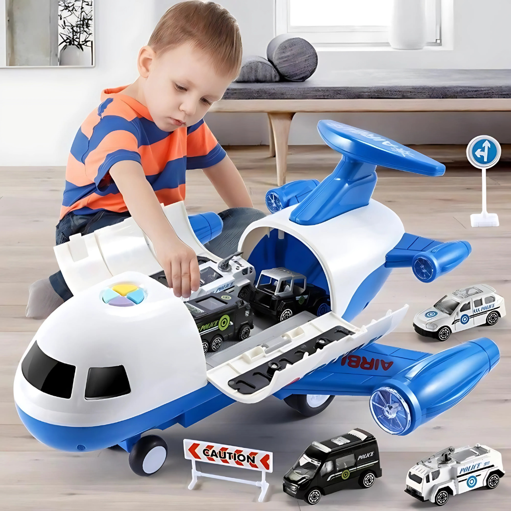 Kids' deformable toy airplane playset with built-in storage and fun music, promoting imaginative play.