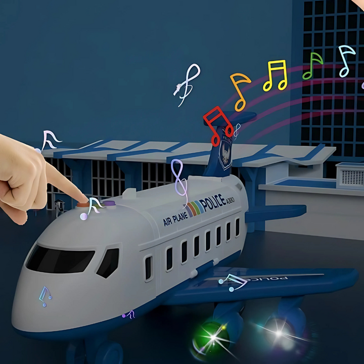 Deformable toy airplane in its transformed state, highlighting storage capacity and interactive music.