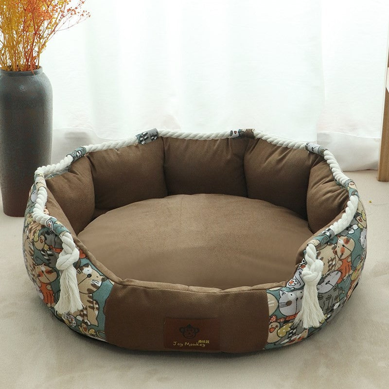 Washable dog bed featuring a plush comfort mat and a convenient storage pocket