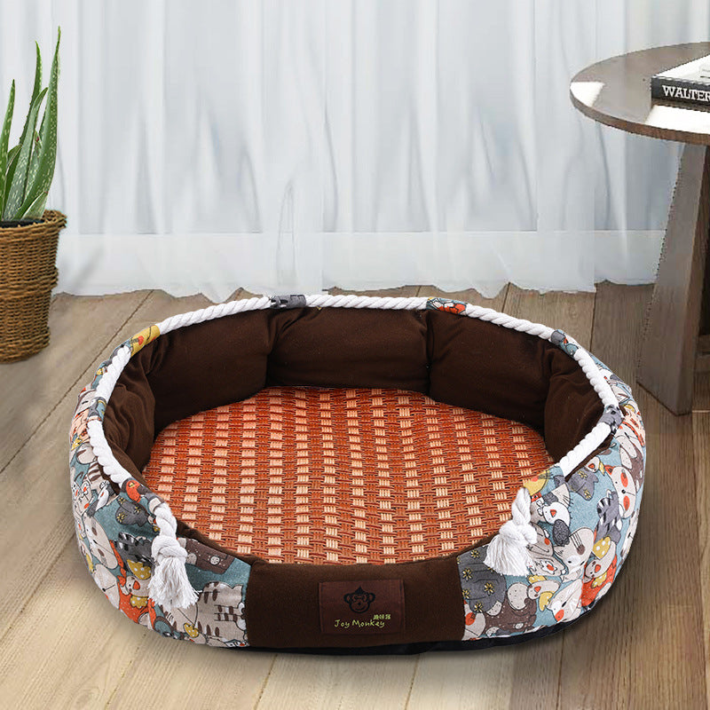 Gray unisex dog bed with a contrasting comfort mat and a side storage pocket