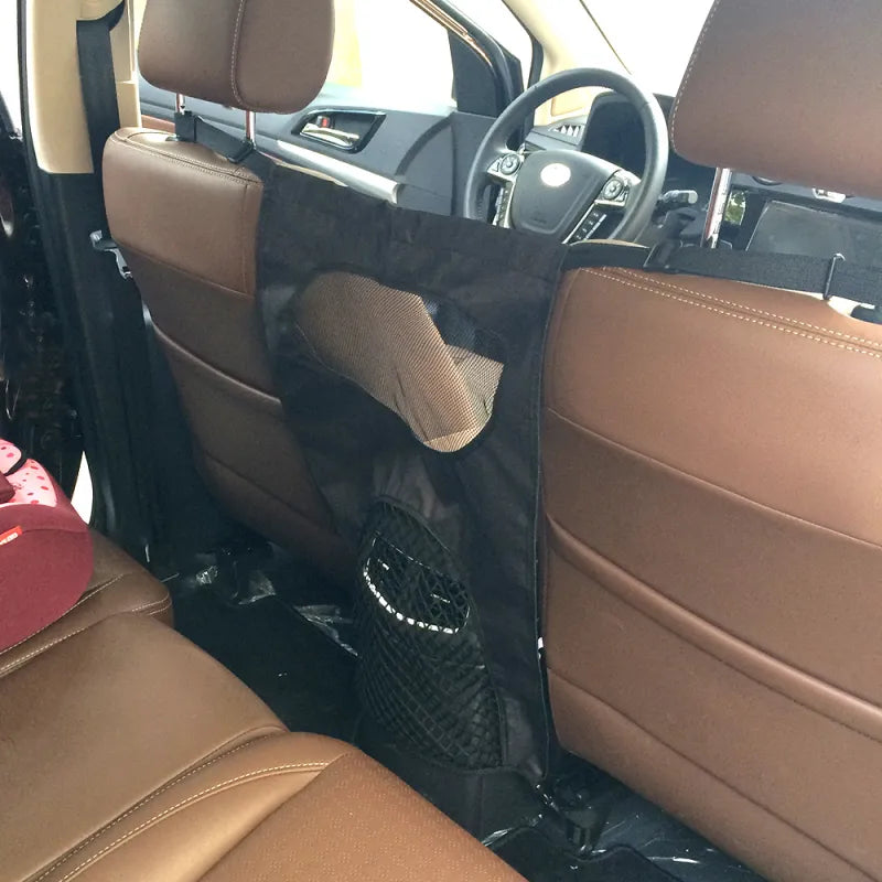 Convenient pet travel storage bag for car back seat, helps dog owners keep their vehicle organized and clean