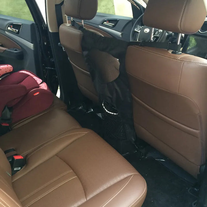 Black unisex dog car organizer for back seat with adjustable straps, ideal for pet owners on long trips