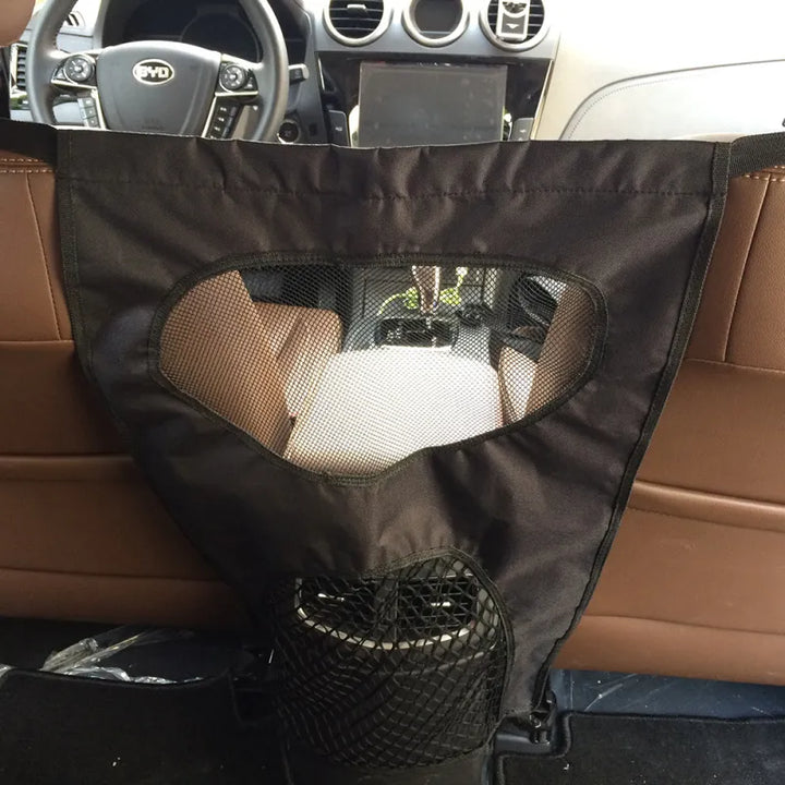 Car accessory dog storage bag, fits securely on back seat, provides ample space for pet supplies and gear