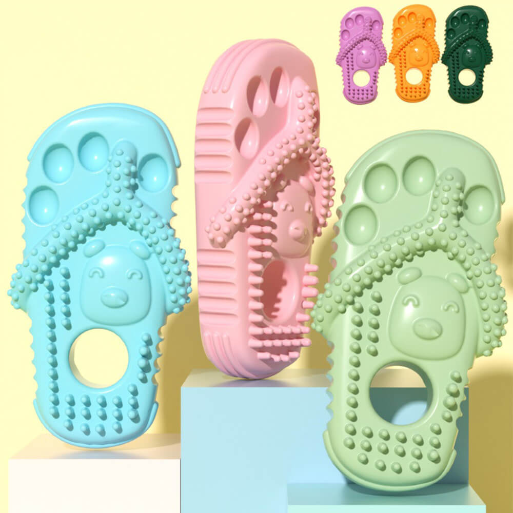 Durable dog chew slipper toy in vibrant color, promoting teeth cleaning & healthy gums