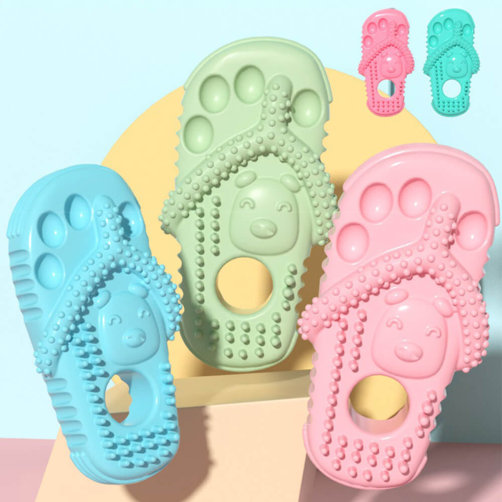 Close-up of textured dog chew slipper toy, designed for effective teeth cleaning and gum massage