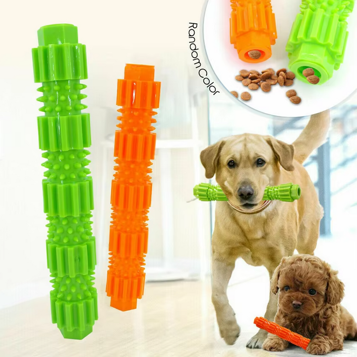 Unisex dog chew stick with treat dispenser, textured for dental care & oral hygiene, durable pet toy.