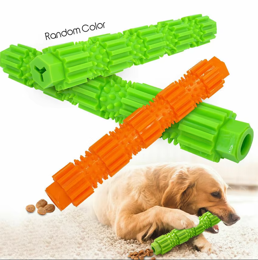 Unisex dog dental chew, treat dispenser hole visible, textured surfaces for canine teeth cleaning.
