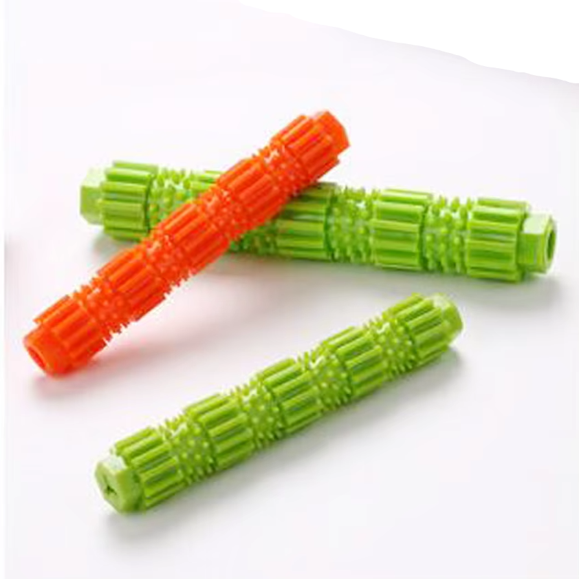 Durable dog toy with treat dispenser, perfect for canine oral hygiene and healthy chewing habits.