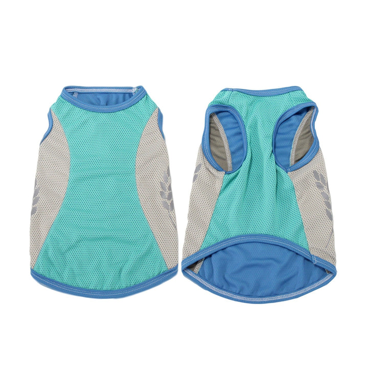 Reflective polyester dog cooling vest, quick drying, comfortable pet apparel for active dogs.