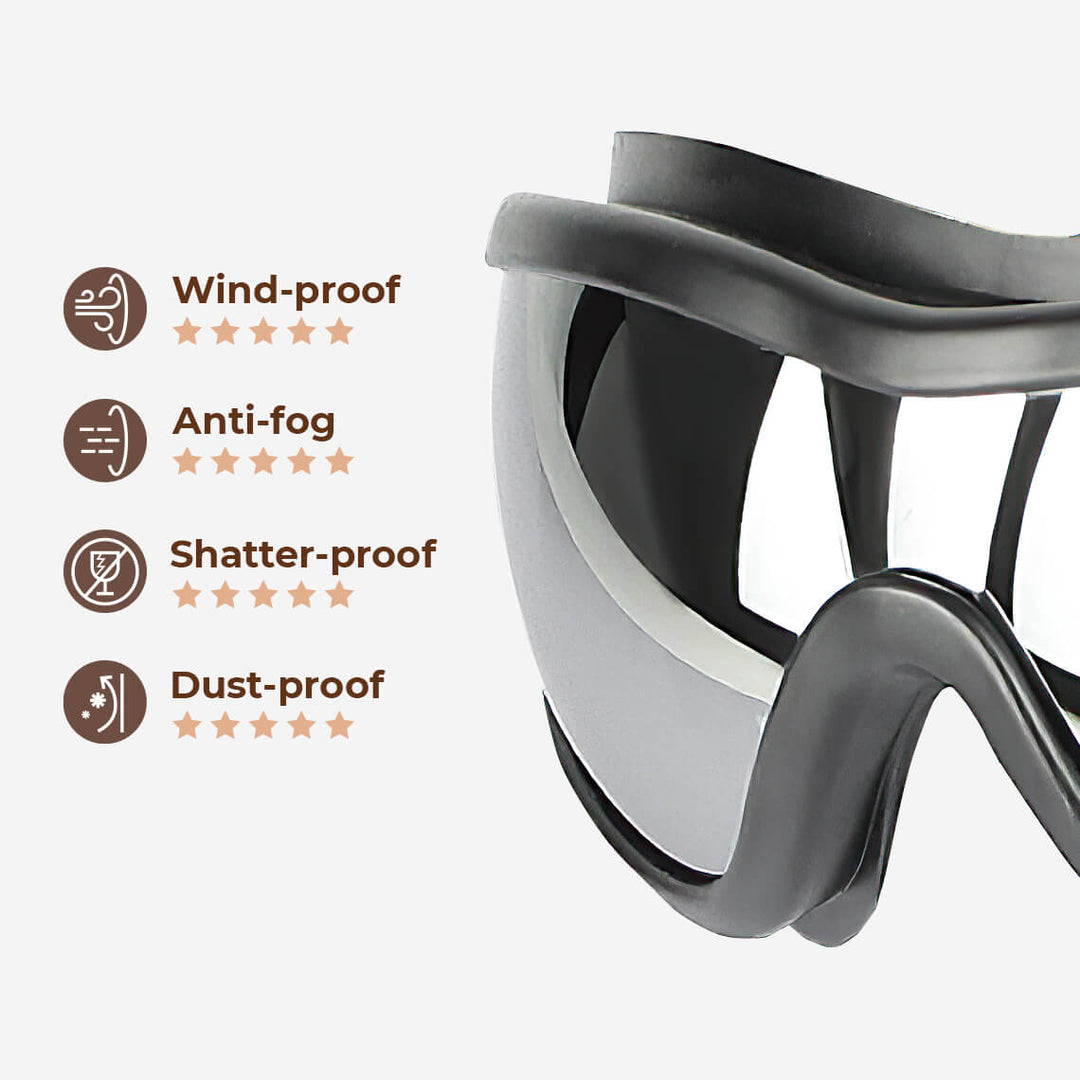 Unisex pet eyewear, brown dog goggles demonstrating windproof and waterproof features