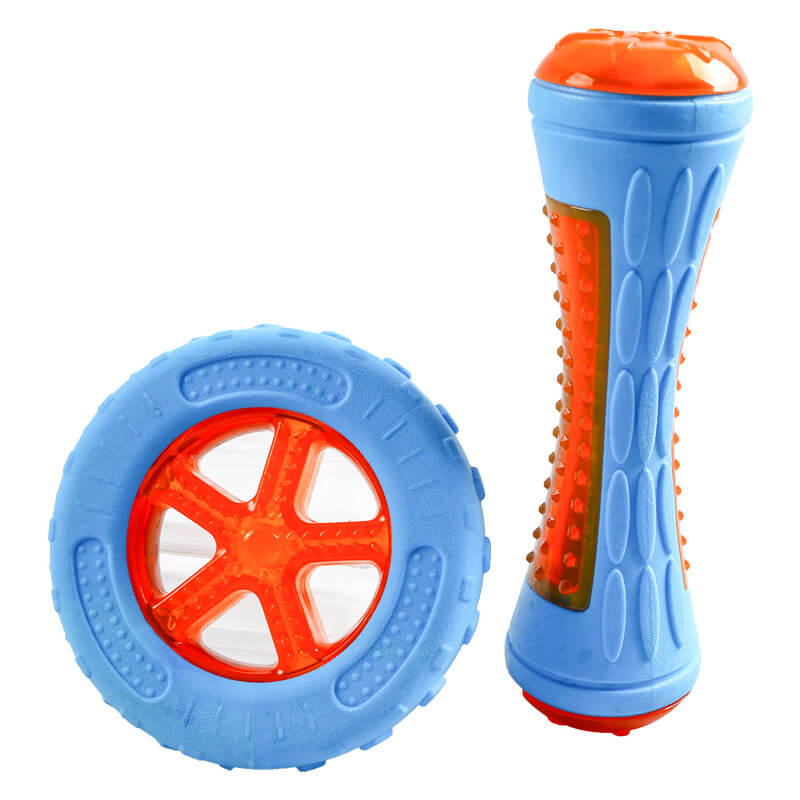 Blue floating dog chew toy with squeaker, excellent for outdoor retrieval games.
