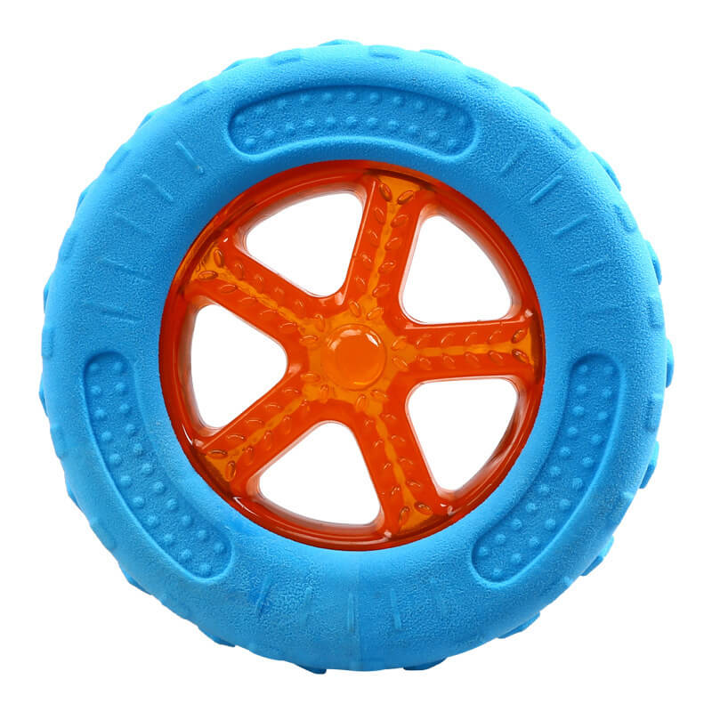 Yellow squeaky dog toy, interactive floating design for outdoor play and chewing.