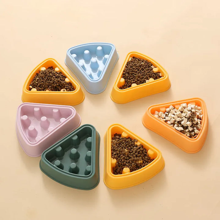 Overhead view of a dog interactive slow feeder bowl with maze-like design for slow eating