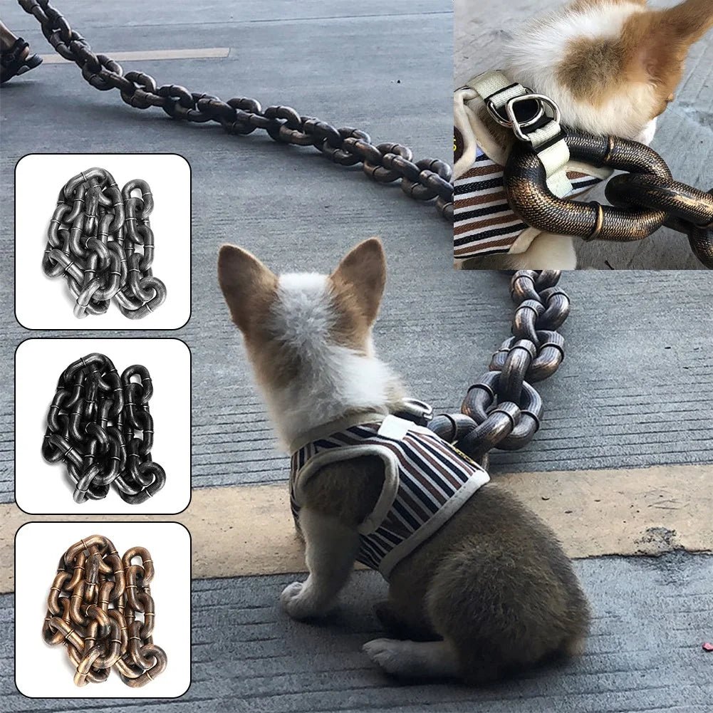 Close-up of unique pet gear: chain-look plastic dog leash for all breeds