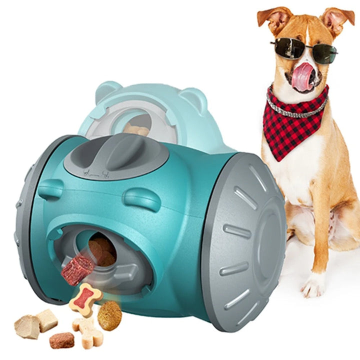 Interactive dog puzzle feeder, blue and yellow, promoting slow eating habits