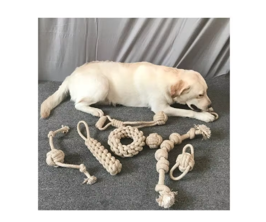 Unisex dog rope chew toy set for dental health, durable cotton blend, multicolored.
