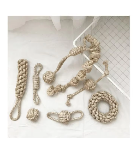 Set of dog enrichment rope toys, perfect for tugging and oral care, various sizes.