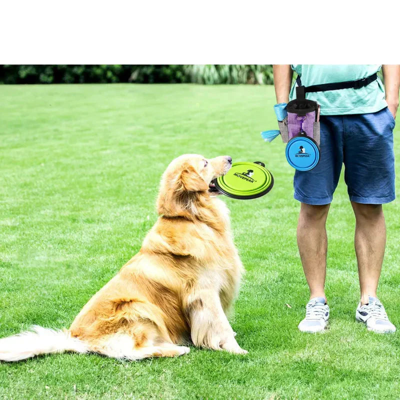 Durable dog treat belt bag with multiple pockets and a foldable bowl, ideal for pet gear