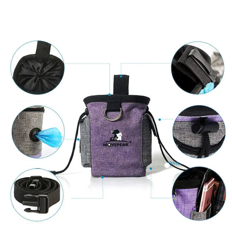 Outdoor-ready dog treat belt bag with a removable foldable silicone bowl for hydration