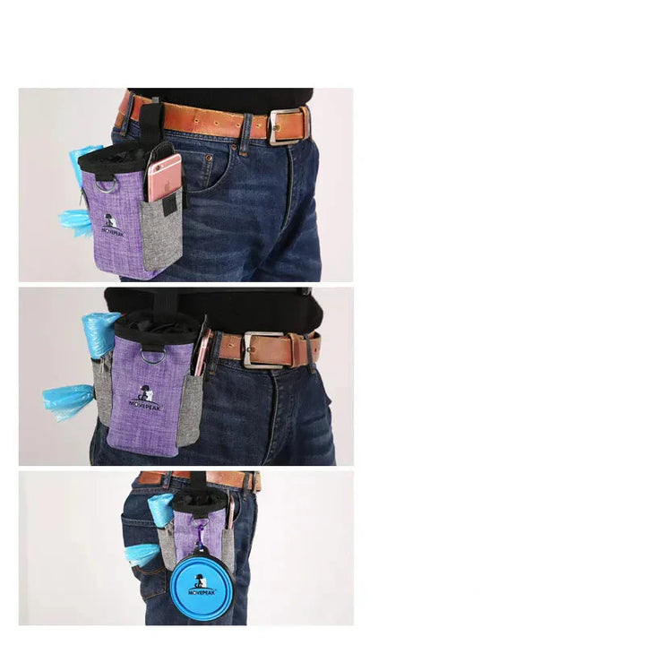 Ergonomic dog treat and essentials belt bag with a handy foldable travel bowl for dogs