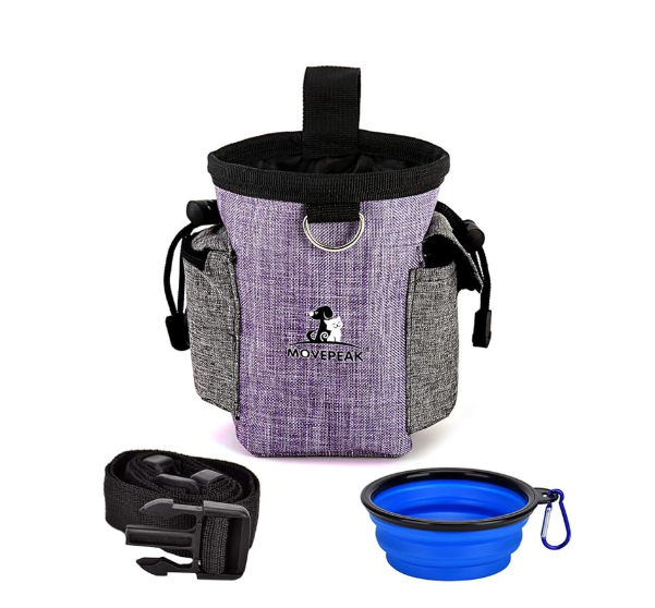Versatile pet care belt bag for dog owners, includes a treat dispenser and a portable bowl